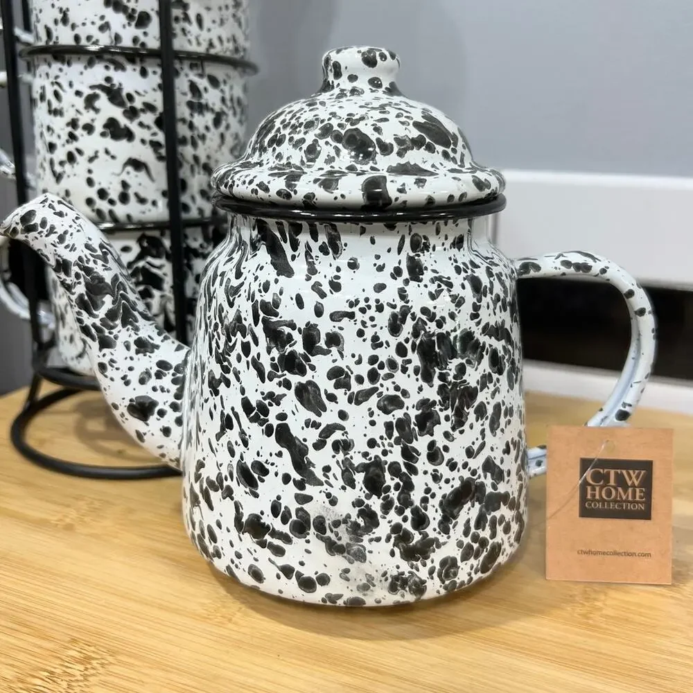 NWT CTW Home Collection Splatter Enamel Teapot Mug Tower with 4 Mugs